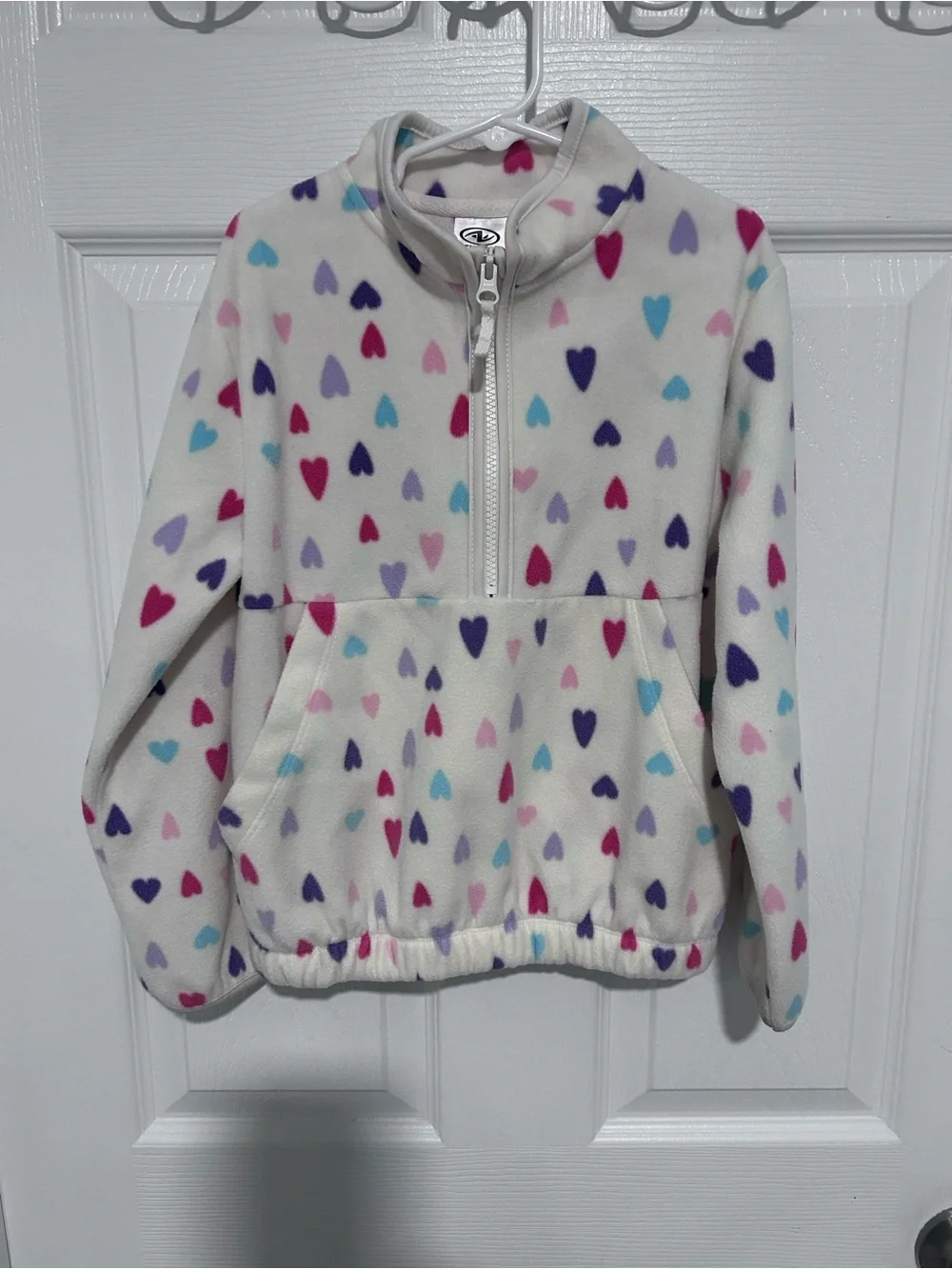 Athletic Works Cream Fleece Half-Zip Pullover with Multicolor Hearts. Size S 6